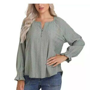 Frye Boho Textured Shirt Women XL Green Sage Stretch Henley Long Sleeves Cottage